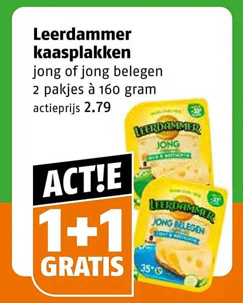 Leerdammer kaasplakken jong of jong belegen 2 pakjes à 160 gram ACT!E 1+1 GRATIS