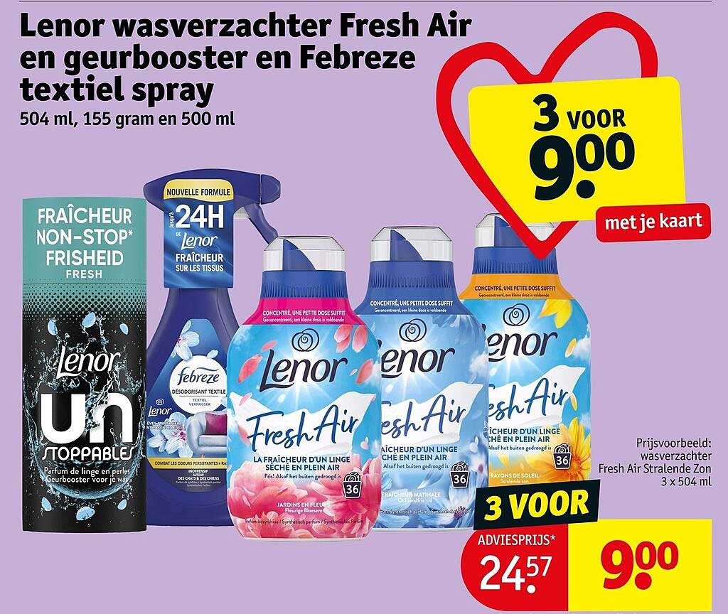 Lenor wasverzachter Fresh Air en geurbooster en Febreze textiel spray 504 ml, 155 gram en 500 ml 3 voor 9.00 met je kaart