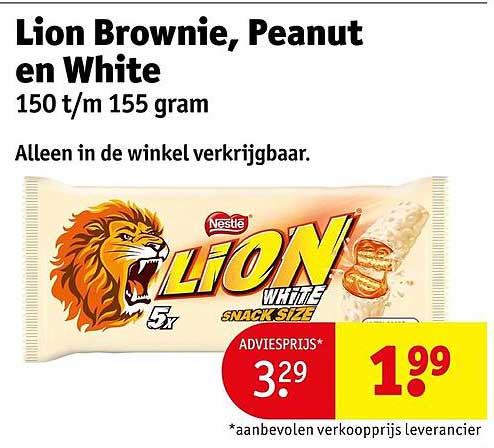 Lion Brownie, Peanut en White 150 t/m 155 gram