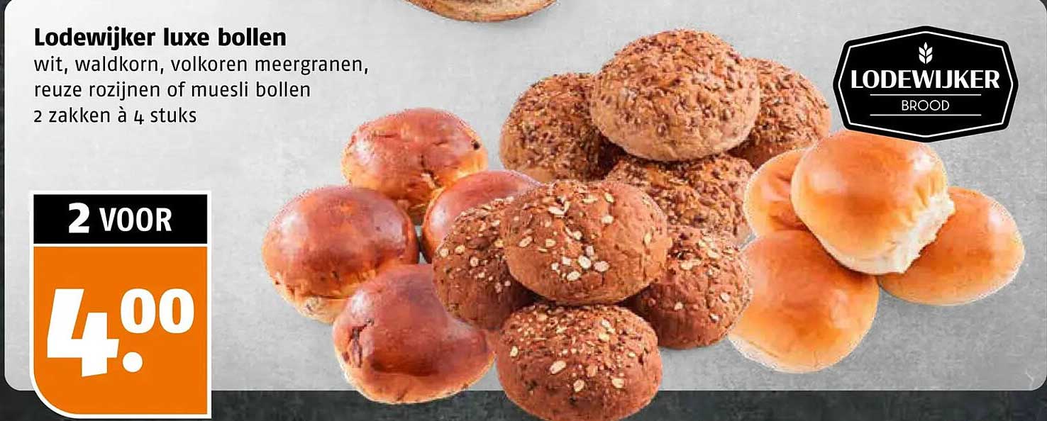 Lodewijker luxe bollen wit, waldkorn, volkoren meergranen, reuze rozijnen of muesli bollen 2 zakken à 4 stuks