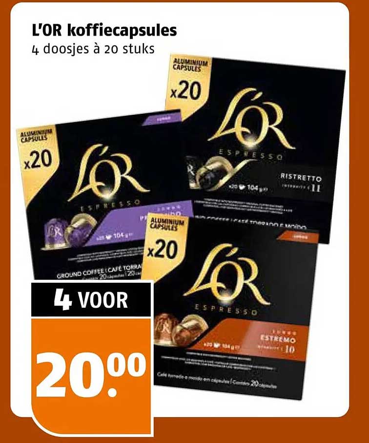 L'OR koffiecapsules 4 doosjes à 20 stuks
