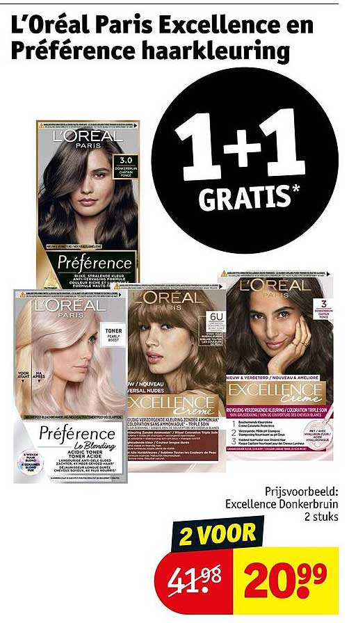 L’Oréal Paris Excellence en Préférence haarkleuring 1+1 GRATIS*