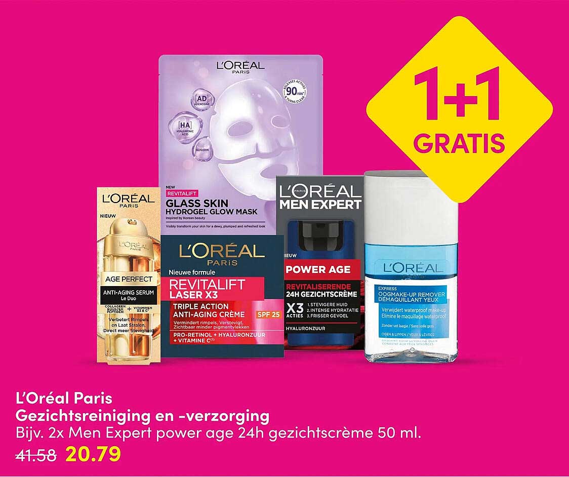 L'Oréal Paris Gezichtsreiniging en -verzorging 1+1 GRATIS