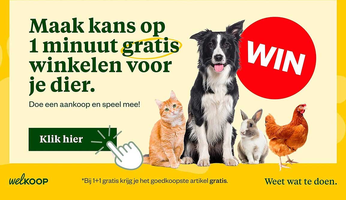 Maak kans op 1 minuut gratis winkelen voor je dier. Doe een aankoop en speel mee! Klik hier