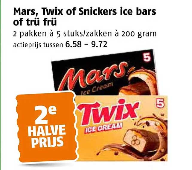 Mars, Twix of Snickers ice bars of trü fru 2e halve prijs
