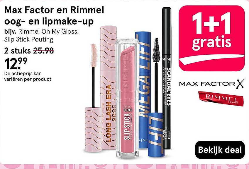 Max Factor en Rimmel oog- en lipmake-up 1+1 gratis