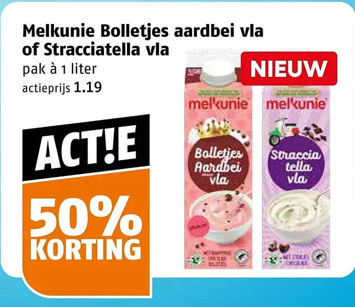 Melkunie Bolletjes aardbei vla of Stracciatella vla - 50% korting