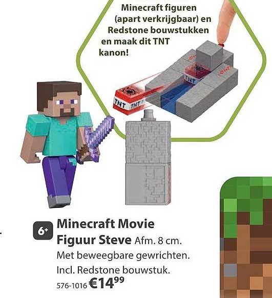 Minecraft Movie Figuur Steve Afm. 8 cm. Met beweegbare gewrichten. Incl. Redstone bouwstuk.