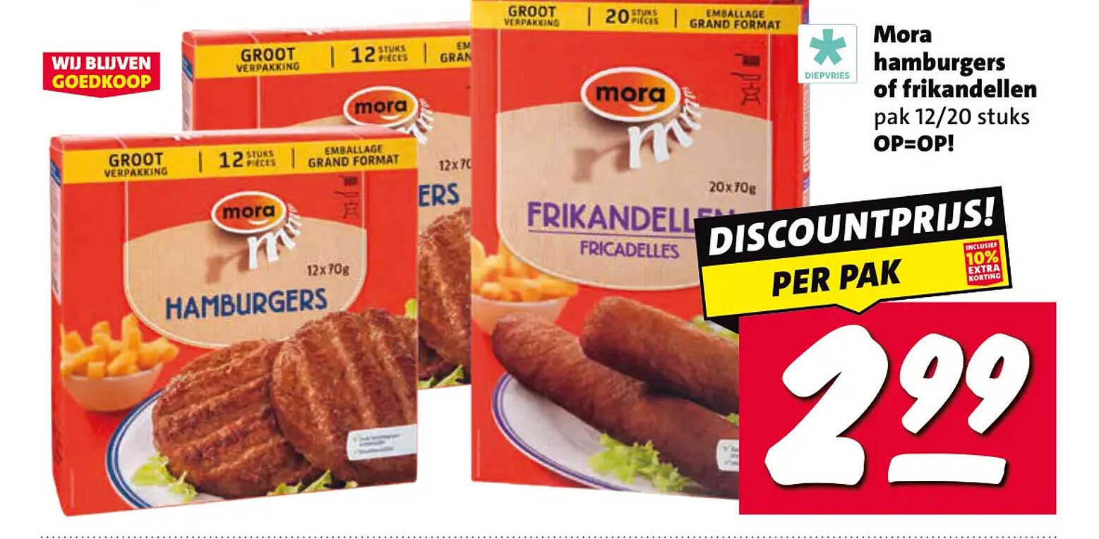 Mora hamburgers of frikandellen pak 12/20 stuks OP=OP!