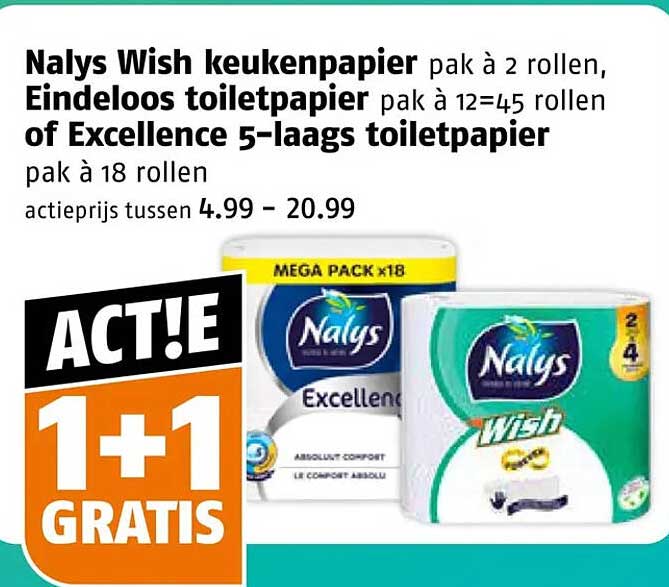Nalys Wish keukenpapier pak à 2 rollen, Eindeloos toiletpapier pak à 12=45 rollen of Excellence 5-laags toiletpapier pak à 18 rollen 1+1 GRATIS
