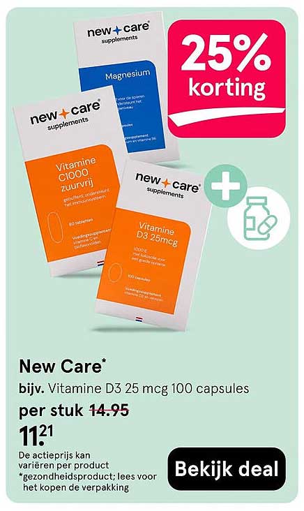 New Care* bijv. Vitamine D3 25 mcg 100 capsules 25% korting