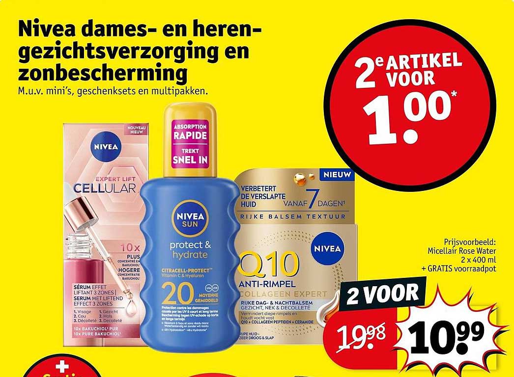 Nivea dames- en heren-gezichtsverzorging en zonbescherming 2e artikel voor 1.00