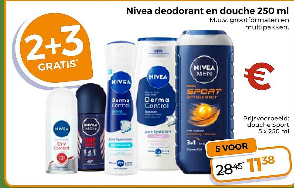 Nivea deodorant en douche 250 ml 2+3 GRATIS
