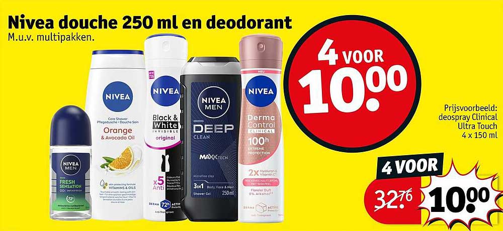 Nivea douche 250 ml en deodorant M.u.v. multipakken. 4 voor 10.00