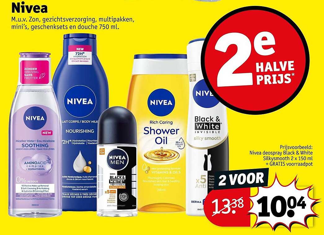 Nivea. M.u.v. Zon, gezichtsverzorging, multipakken, mini’s, geschenksets en douche 750 ml. 2e halve prijs