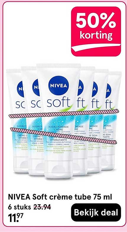 NIVEA Soft crème tube 75 ml 6 stuks 50% korting