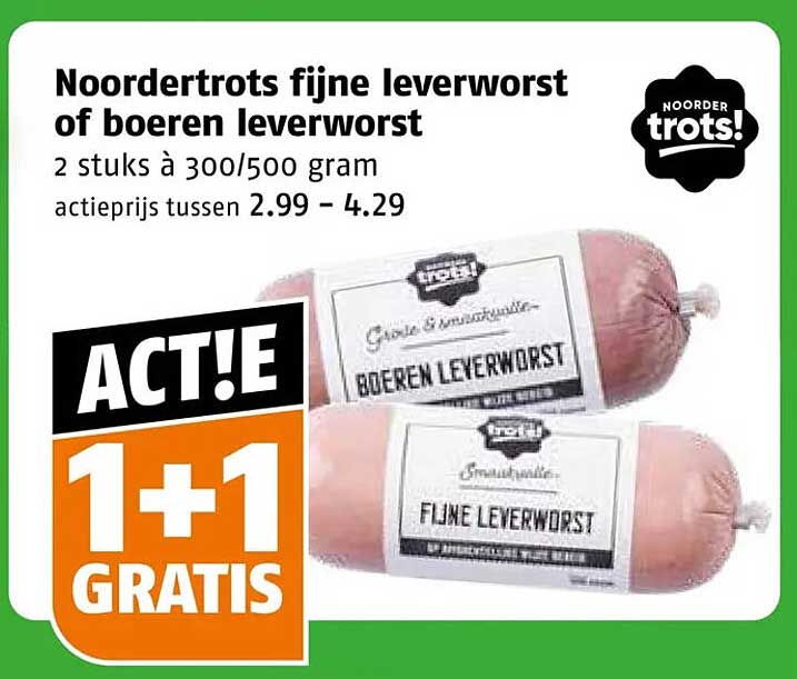Noordertrots fijne leverworst of boeren leverworst 1+1 GRATIS