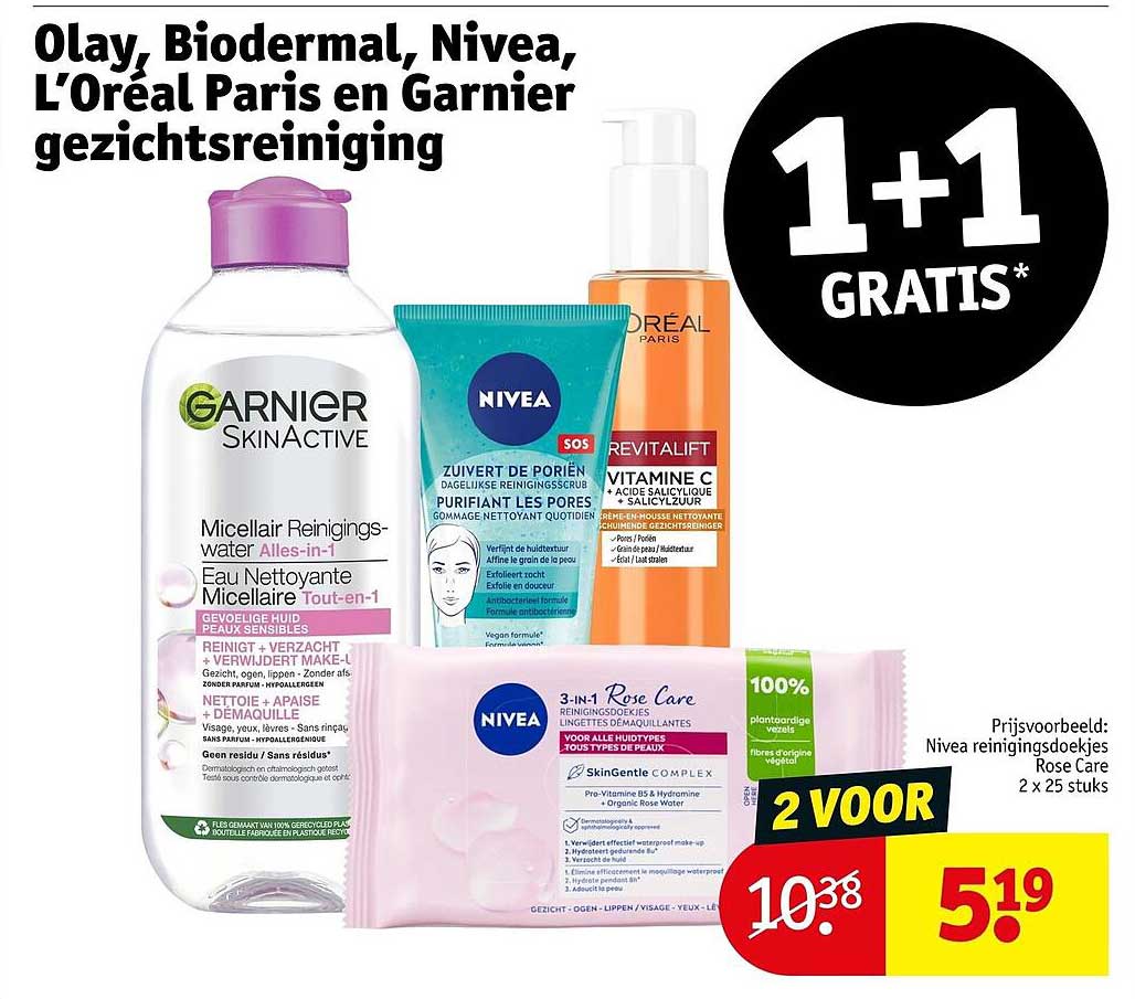 Olay, Biodermal, Nivea, L’Oréal Paris en Garnier gezichtsreiniging 1+1 GRATIS*