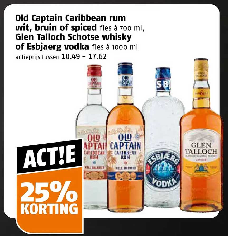 Old Captain Caribbean rum wit, bruin of spiced fles à 700 ml, Glen Talloch Schotse whisky of Esbjæ r g vodka fles à 1000 ml ACT!E 25% KORTING