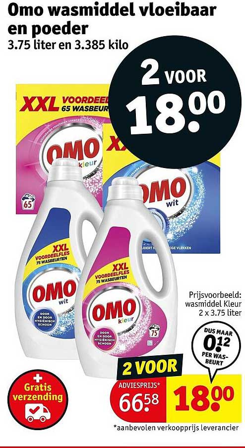 Omo wasmiddel vloeibaar en poeder 3.75 liter en 3.385 kilo 2 VOOR 18.00
