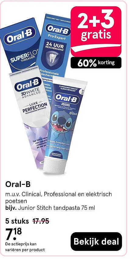 Oral-B m.u.v. Clinical, Professional en elektrisch poetsen bijv. Junior Stitch tandpasta 75 ml 2+3 gratis