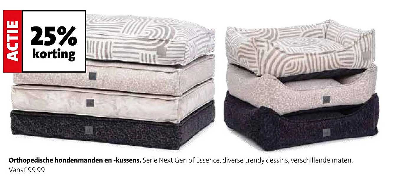 Orthopedische hondenmanden en -kussens. Serie Next Gen of Essence, diverse trendy dessins, verschillende maten. 25% korting