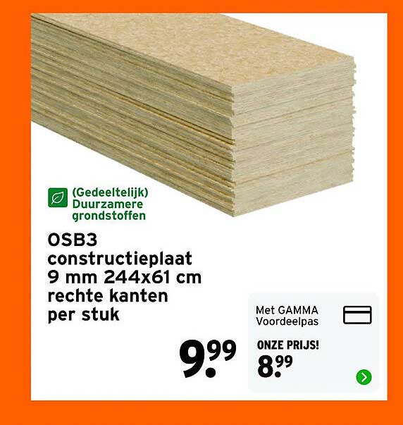 OSB3 constructieplaat 9 mm 244x61 cm rechte kanten per stuk