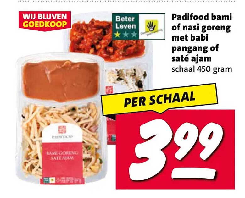 Padifood bami of nasi goreng met babi pangang of saté ajam schaal 450 gram