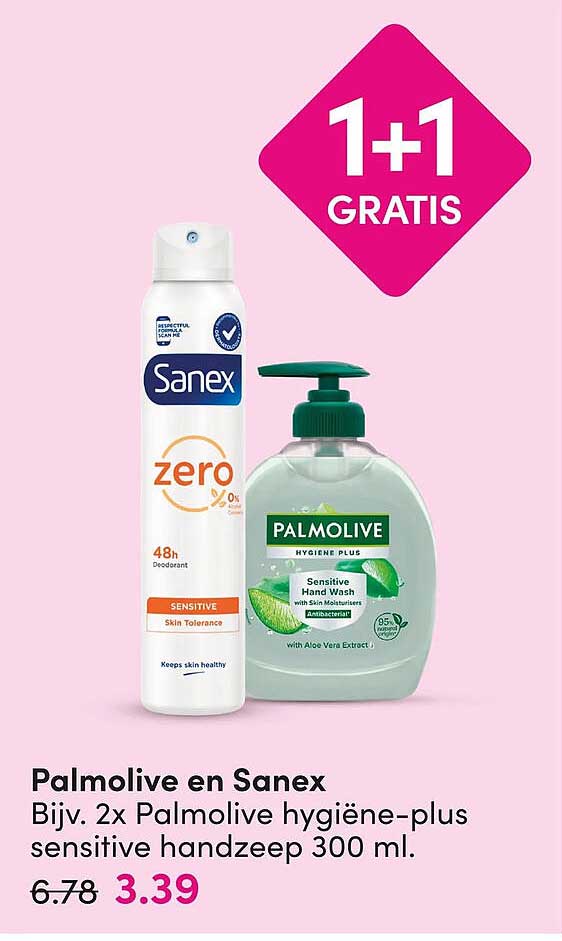 Palmolive en Sanex Bijv. 2x Palmolive hygiëne-plus sensitive handzeep 300 ml. 1+1 gratis