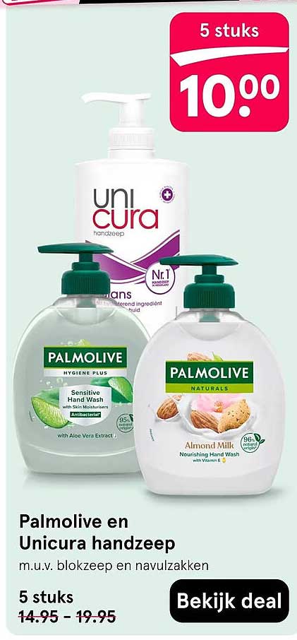 Palmolive en Unicura handzeep m.u.v. blokzeep en navulzakken 5 stuks