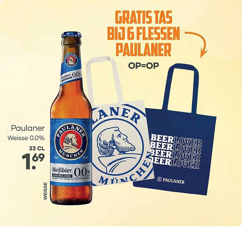 Paulaner Weisse 0.0% 33 cl GRATIS TAS BIJ 6 FLESSEN PAULANER OP=OP