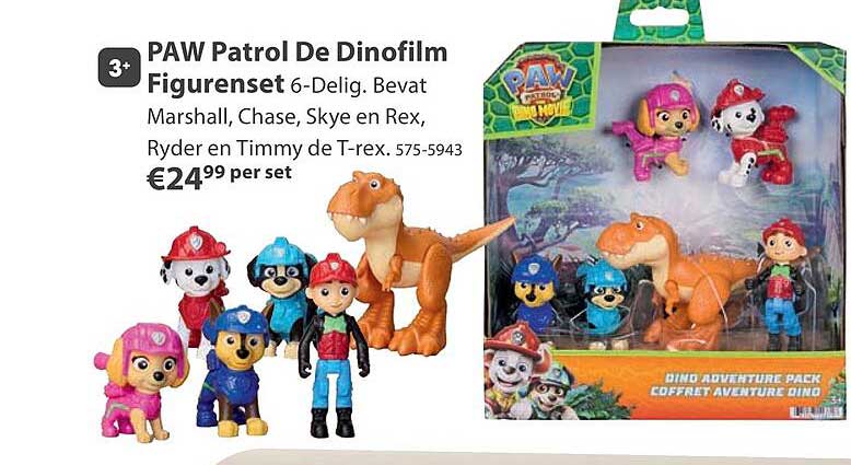 PAW Patrol De Dinofilm Figurenset 6-Delig. Bevat Marshall, Chase, Skye en Rex, Ryder en Timmy de T-rex.