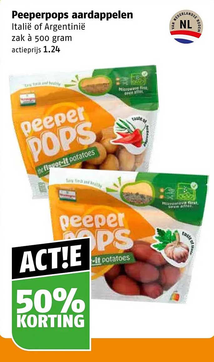 Peeperpops aardappelen Italië of Argentinië zak à 500 gram ACT!E 50% KORTING