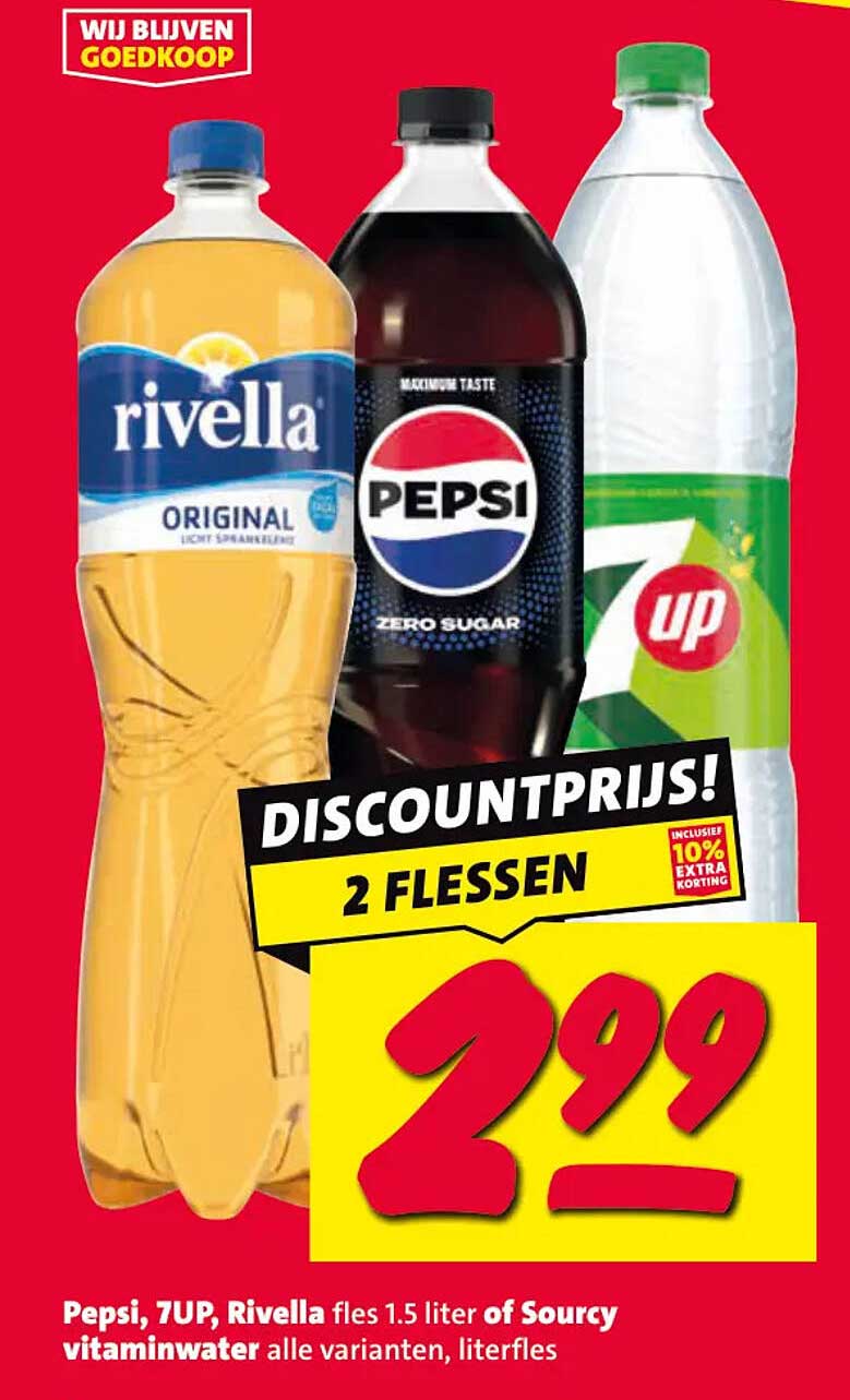 Pepsi, 7UP, Rivella fles 1.5 liter of Sourcy vitaminwater alle varianten, literfles 2 flessen