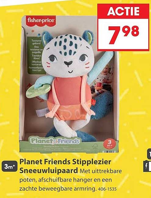 Planet Friends Stipplezier Sneeuwluipaard Met uittrekbare poten, afschuifbare hanger en een zachte beweegbare arming