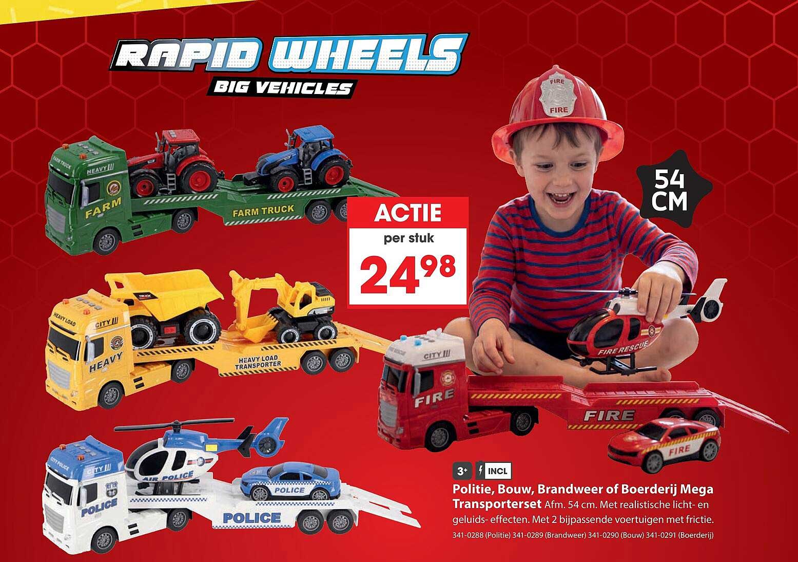 Politie, Bouw, Brandweer of Boerderij Mega Transporterset Afm. 54 cm.