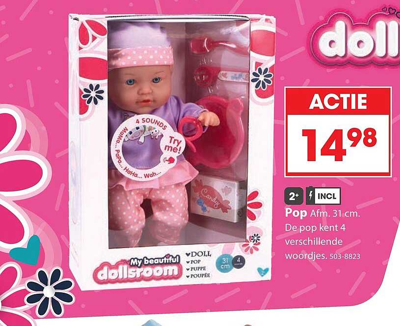 Pop Afm. 31 cm. De pop kent 4 verschillende woordjes. 503-8823