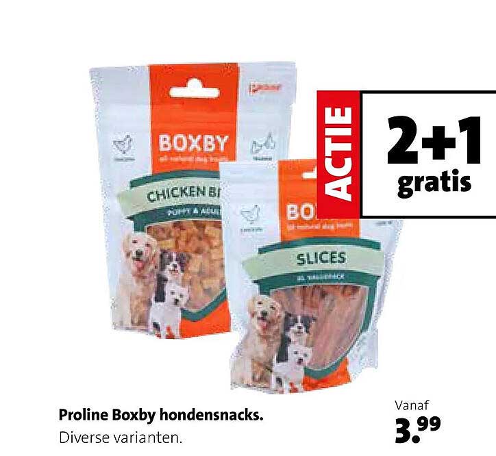Proline Boxby hondensnacks. Diverse varianten. 2+1 gratis