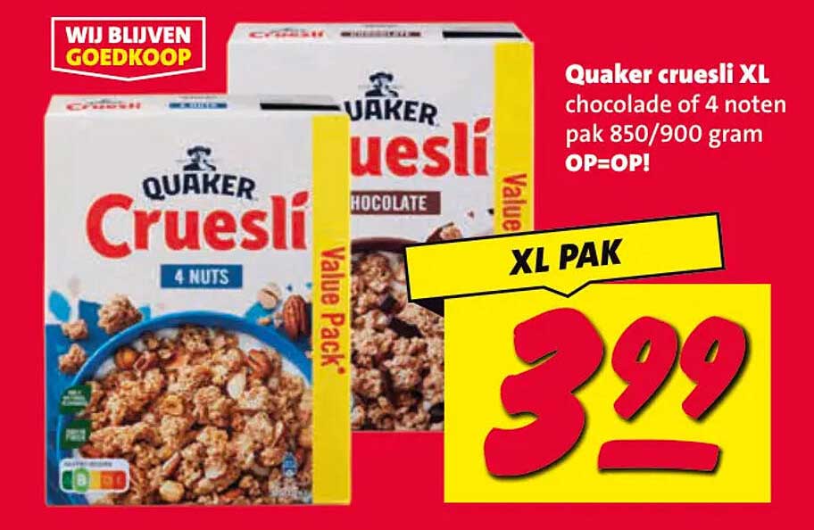 Quaker cruesli XL chocolade of 4 noten pak 850/900 gram OP=OP! XL PAK