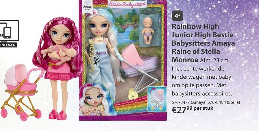 Rainbow High Junior High Bestie Babysitters Amaya Raine of Stella Monroe Afm. 23 cm. Incl. echte werkende kinderwagen met baby om op te passen. Met babysitters-accessoires.