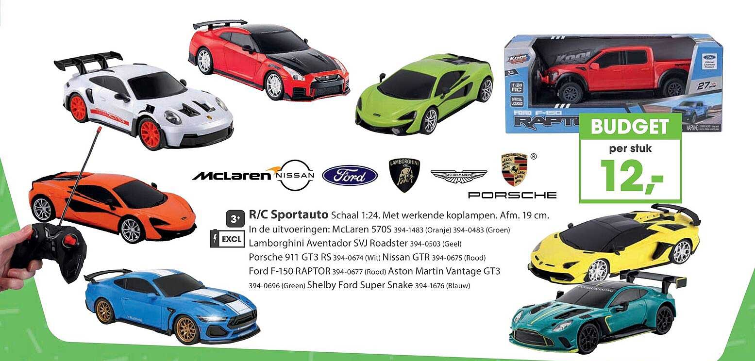 R/C Sportauto Schaal 1:24. Met werkende koplampen. Afm. 19 cm.