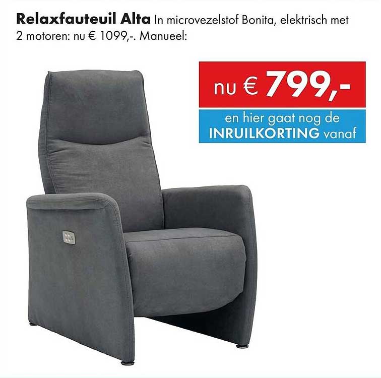 Relaxfauteuil Alta In microvezelstof Bonita, elektrisch met 2 motoren: nu € 1099,-. Manueel: