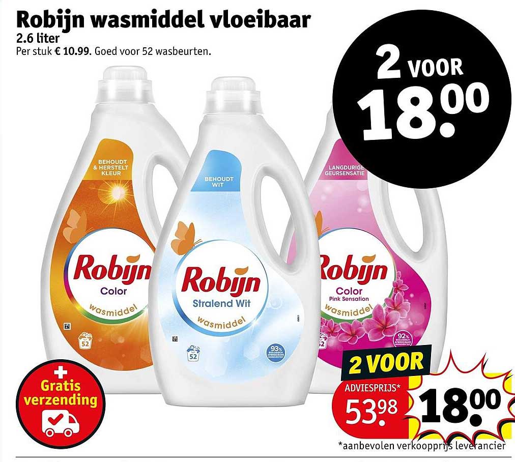 Robijn wasmiddel vloeibaar 2.6 liter 2 voor 18.00
