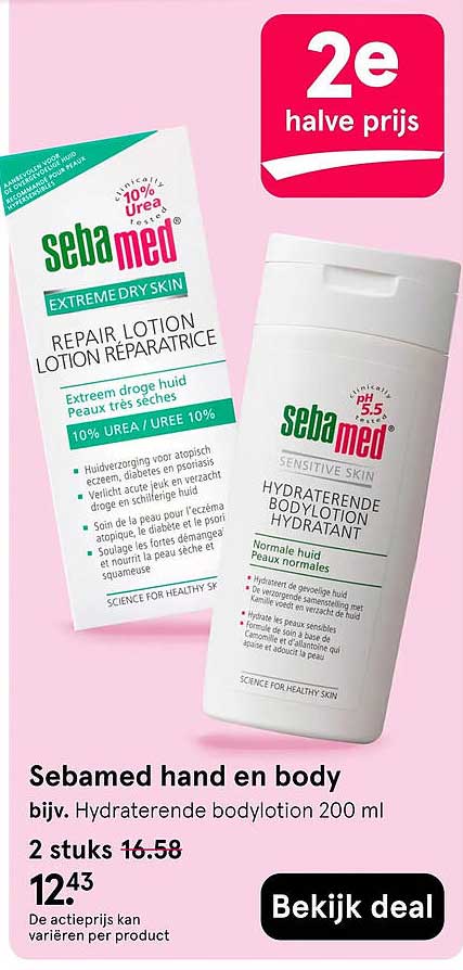 Sebamed hand en body bijv. Hydraterende bodylotion 200 ml 2 stuks 2e halve prijs