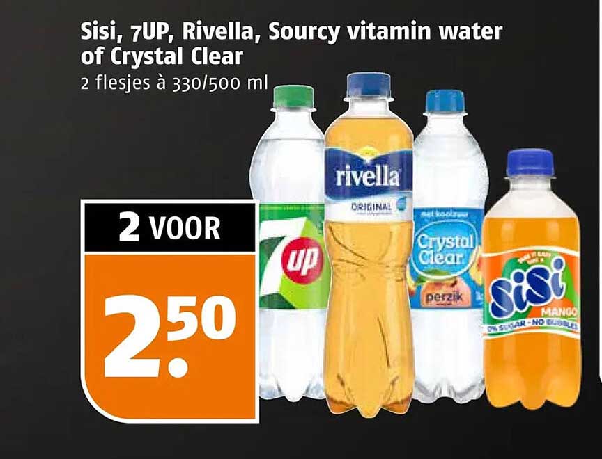 Sisi, 7UP, Rivella, Sourcy vitamin water of Crystal Clear 2 flessies à 330/500 ml 2 VOOR