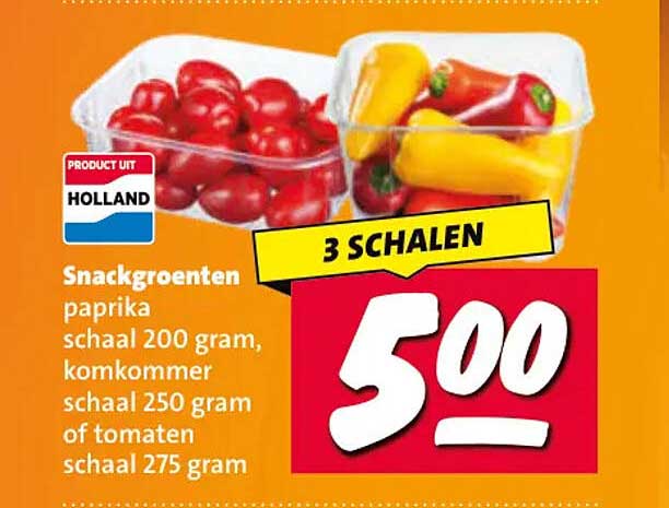 Snackgroenten paprika schaal 200 gram, komkommer schaal 250 gram of tomaten schaal 275 gram 3 schalen