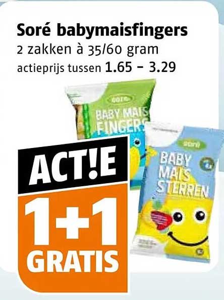 Soré babymaïs fingers 2 zakken à 35/60 gram ACTIE 1+1 GRATIS