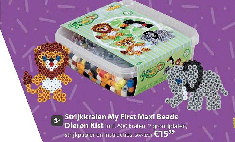 Strijkkralen My First Maxi Beads Dieren Kist Incl. 600 kralen, 2 grondplaten, strijkpapier en instructies.