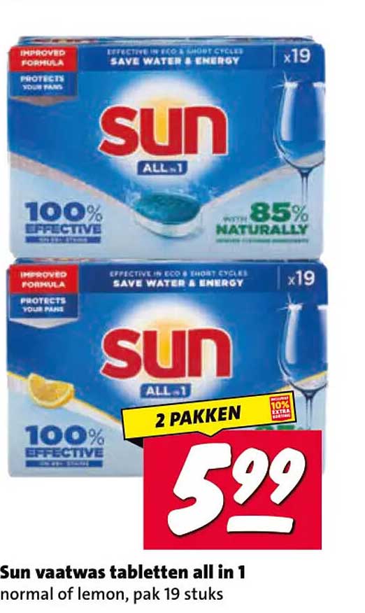 Sun vaatwas tabletten all in 1 normal of lemon, pak 19 stuks 2 PAKKEN