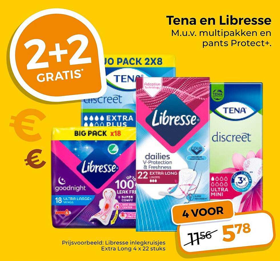 Tena en Libresse M.u.v. multipakken en pants Protect+. 2+2 gratis